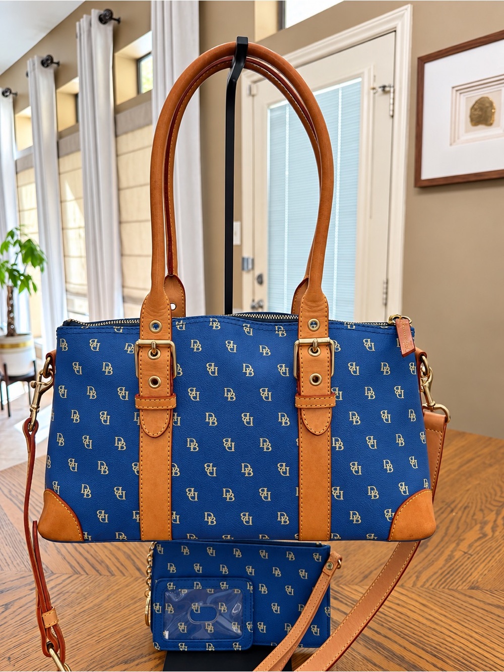 VINTAGE RARE Dooney & Bourke Monogram Satchel in Blue/British Tan with set